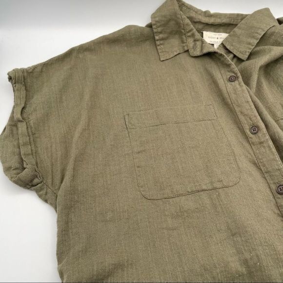 Lucky Brand S Short Sleeve Top Relaxed Button-down Collar Shirt Blouse Sage - Picture 5 of 6